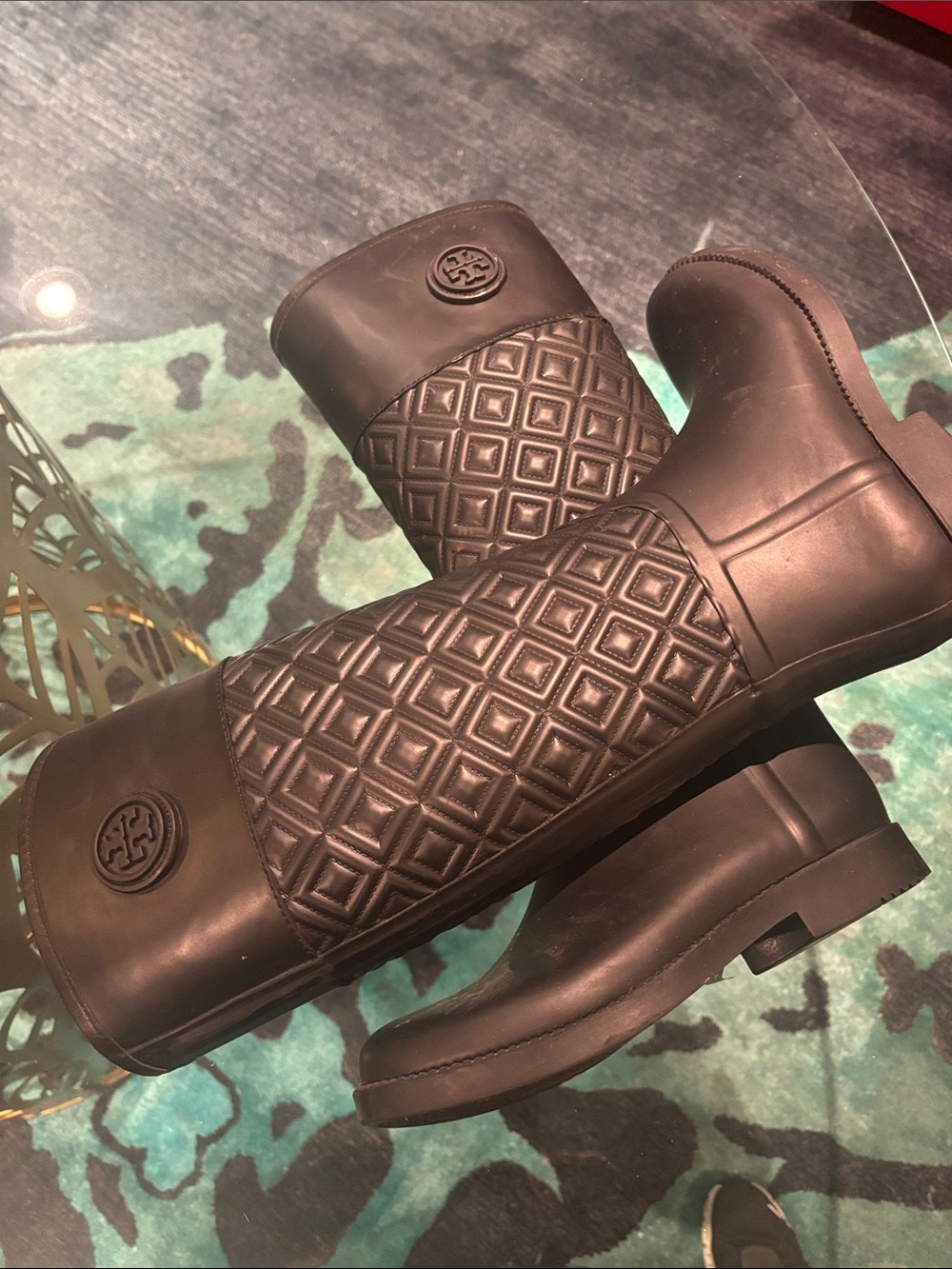 Tory Burch Quilted Mid-Calf Rain Boots in Black